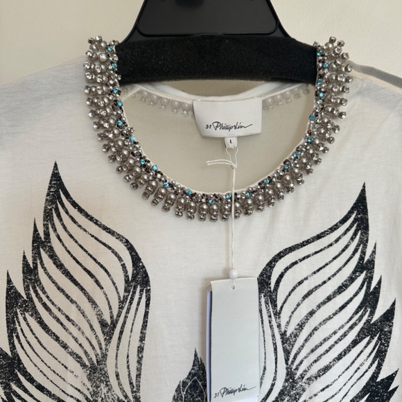 3.1 Phillip Lim white jersey/silk combo printed t-shirt w/embellished neck sz L - Picture 3 of 6